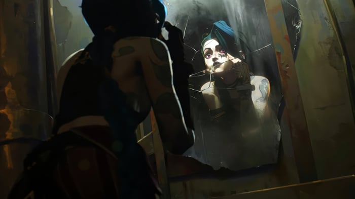 Jinx reflected in a broken mirror in Arcane 4K