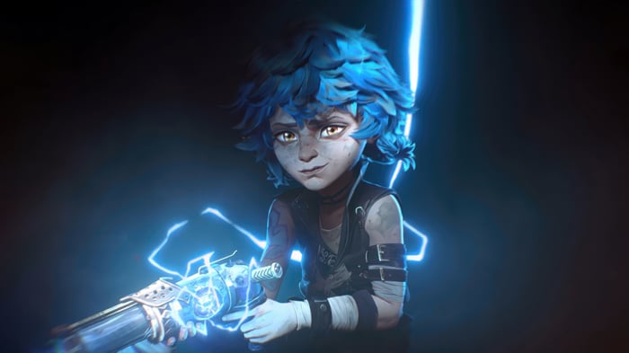 Jinx from Arcane holding a weapon with blue lightning