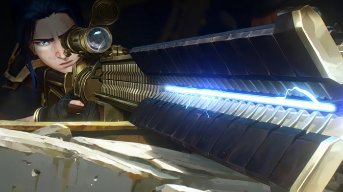 Caitlyn aiming a futuristic rifle in Arcane 4K