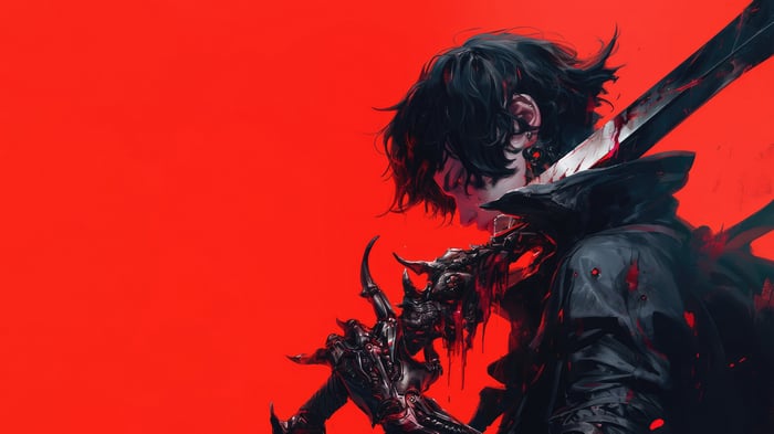 Boy with bloody sword on red background 4K