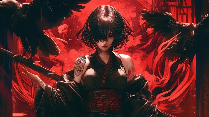 Anime Girl in Kimono with Crows 4K