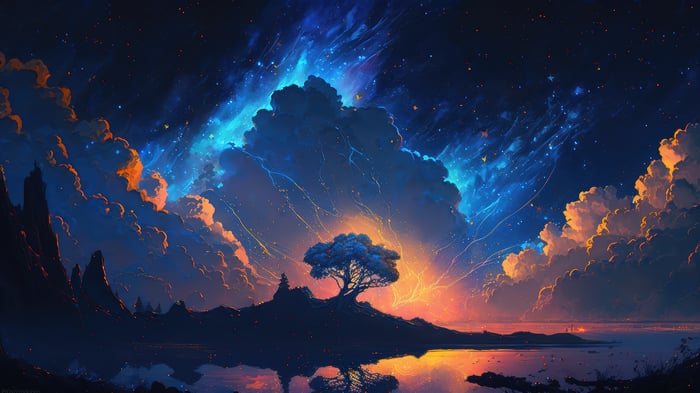 Digital Art of a Tree Under a Starry Sky