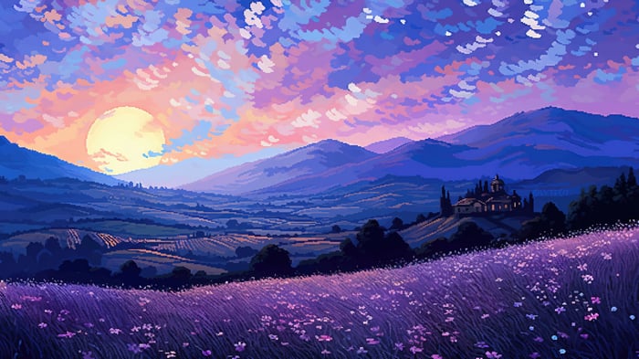 Pixel Art Lavender Field at Sunset with Mountains