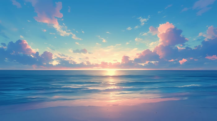 Sunset over the ocean with pink clouds and beach