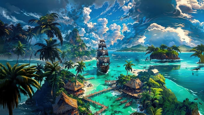 Pirate Ship Sailing Near Tropical Islands 4K