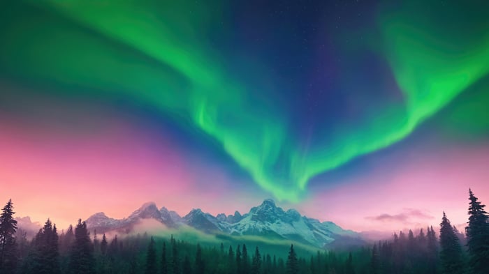 Aurora Borealis over Snowy Mountains and Forest