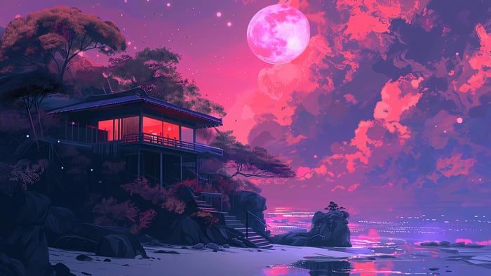House on a hill by the beach under a pink moon