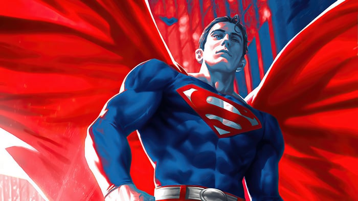 Superman in a red cape and blue suit 4K