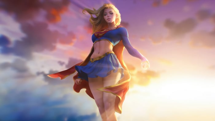 Supergirl flying in the sky at sunset 4K