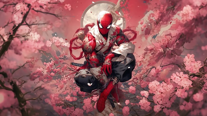 Spider-Man in a Japanese Garden with Cherry Blossoms 4K