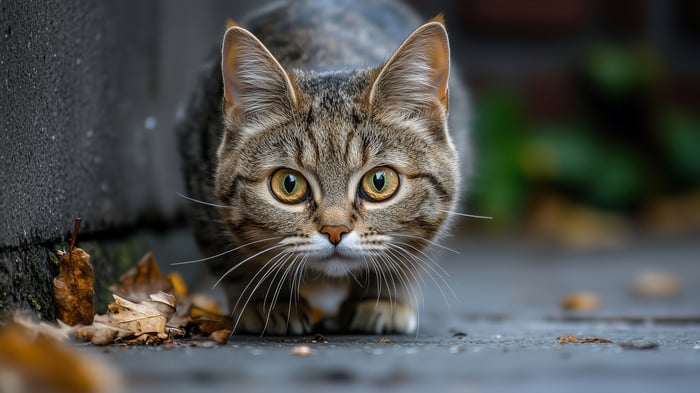 Tabby Cat Crouching on Pavement with Autumn Leaves