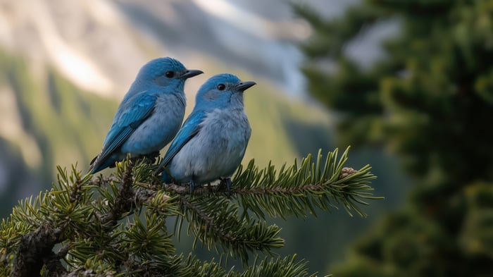 Two blue birds on a pine branch in 4K