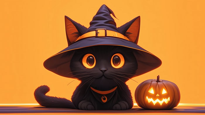 Black Cat in Witch Hat with Pumpkin 4K