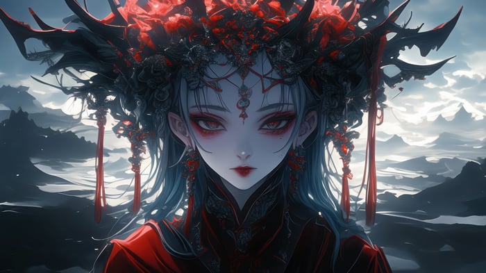 Anime Demon Girl with Red Horns and Blue Hair 4K