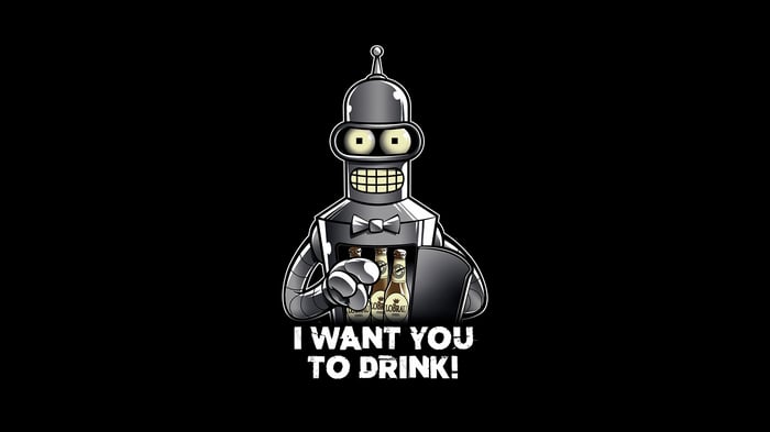 Bender from Futurama holding beer bottles