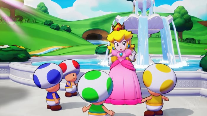 Princess Peach and Toads in a Fountain Garden