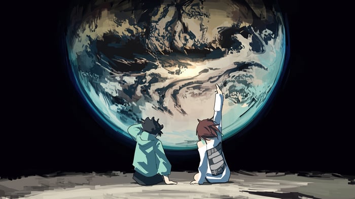Dandadan: Okarun and Momo on the Moon looking at Earth