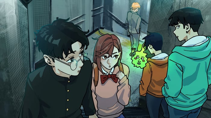 Dandadan Anime Characters in Stairwell