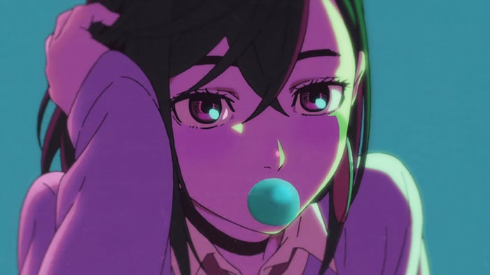 Momo Ayase from Dandadan chewing bubblegum