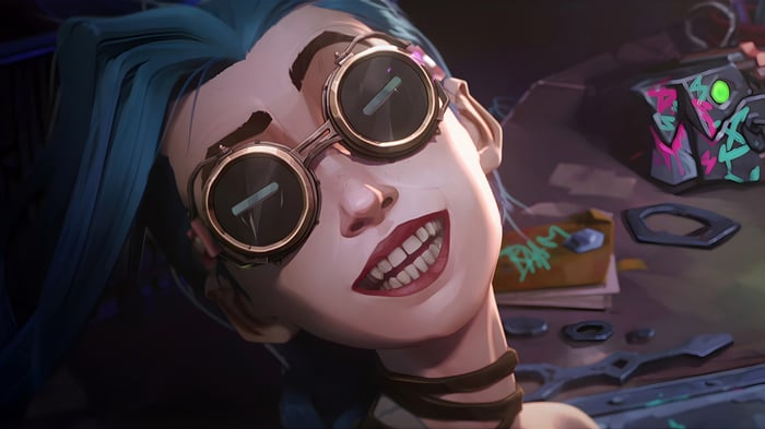 Jinx from Arcane wearing goggles