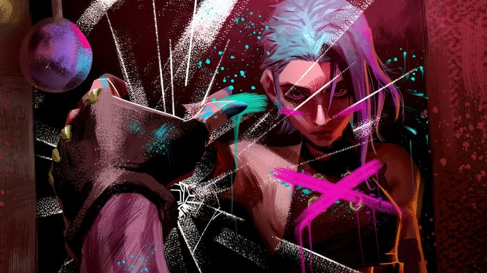 Jinx from Arcane painting on a broken mirror