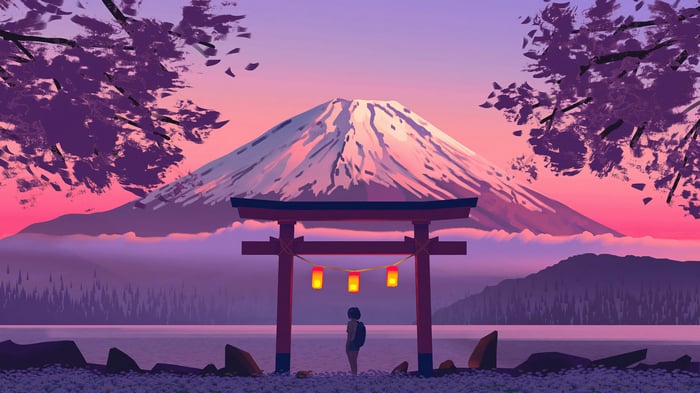 Torii Gate with Mount Fuji at Sunset 4K