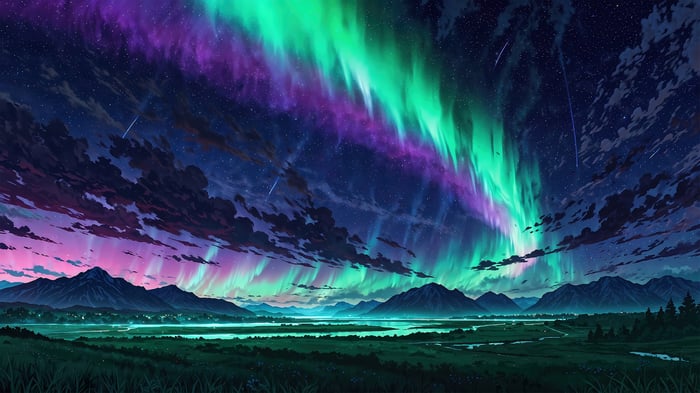 Aurora Borealis Over Mountains and Valley 4K