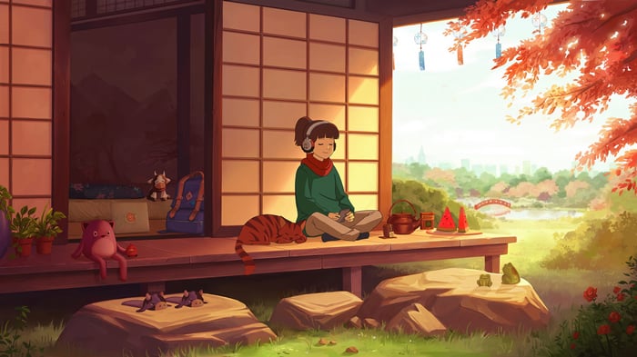 Anime Girl Meditating with Cat in Japanese Garden 4K