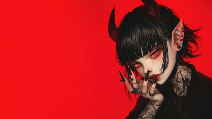 Anime Demon Girl with Red Eyes and Horns 4K