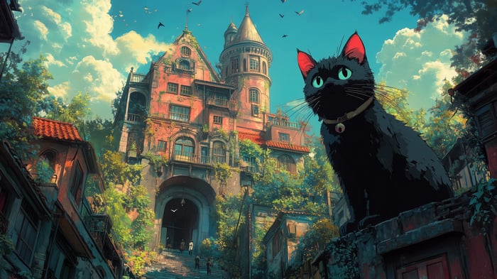 Giant Black Cat in front of an old building