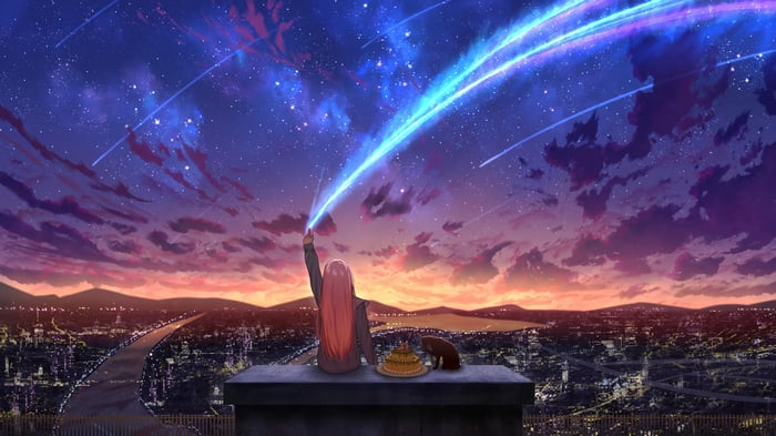 Anime girl reaching for a comet during sunset 4K