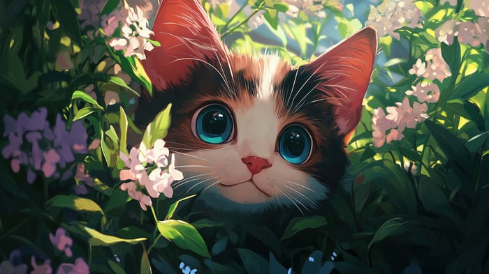Cute Calico Cat Peeking Through Flowers in 4K