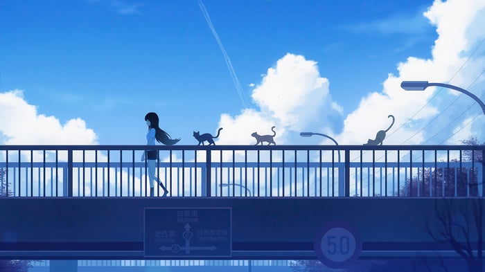 Anime Girl and Cats on a Bridge in 4K