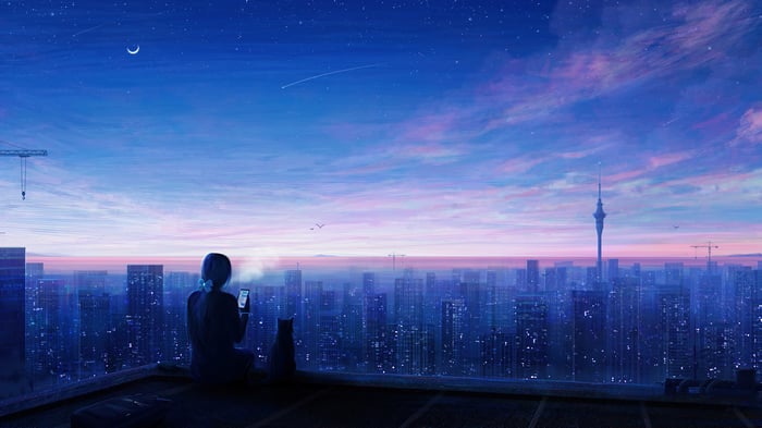 Anime Girl and Cat on Rooftop Overlooking City at Sunrise 4K