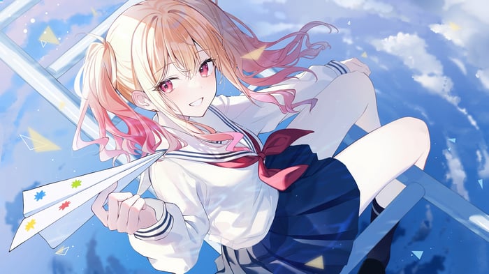 Tenma Saki from Project Sekai holding a paper airplane