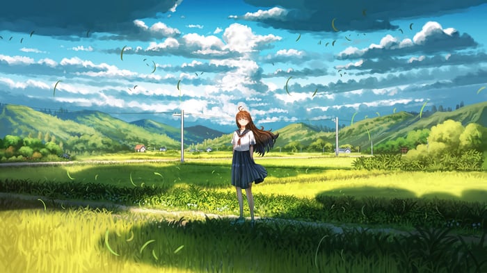 Anime Girl in School Uniform in a Field 4K