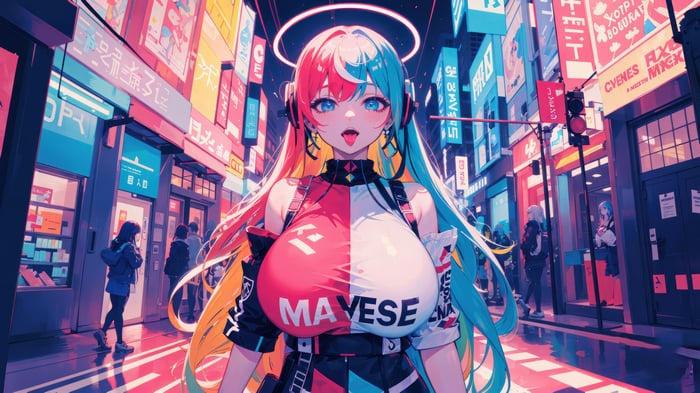 Anime Girl with Dual-Colored Hair in Neon City