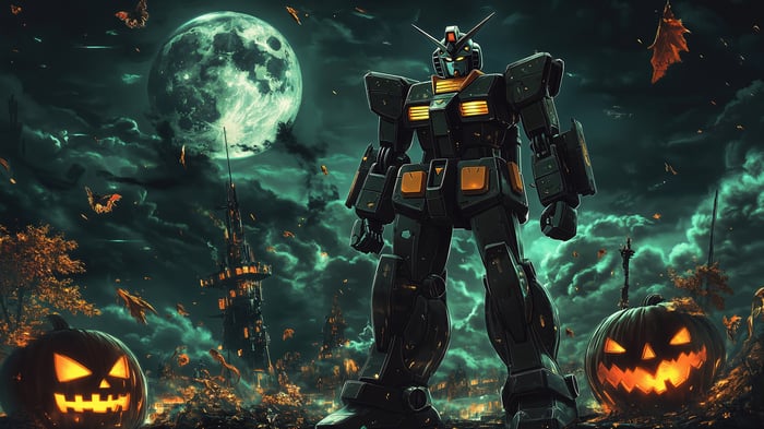 Gundam Halloween Night with Jack-o'-lanterns and Moon