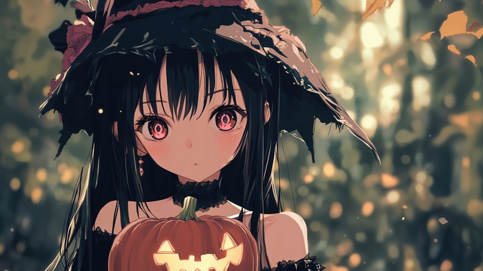 Anime Witch Girl Holding a Pumpkin 4K