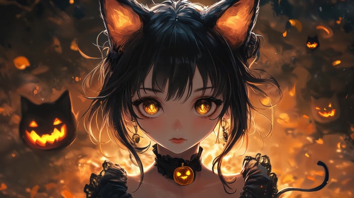 Anime Girl with Cat Ears and Halloween Pumpkins 4K