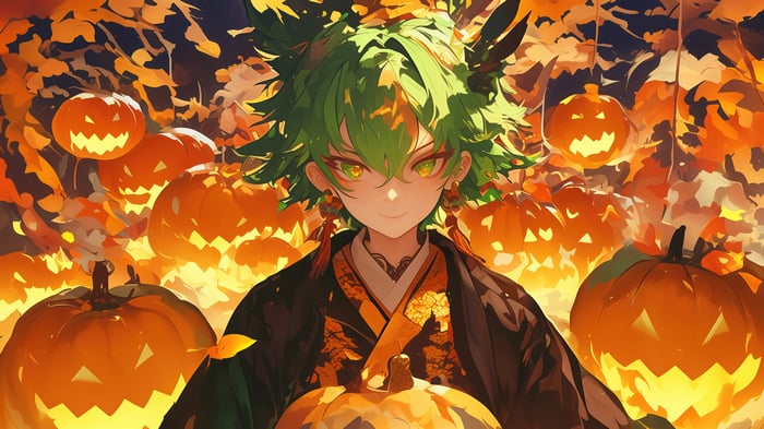Anime Boy with Green Hair and Pumpkins 4K