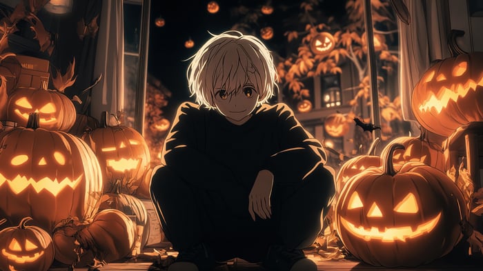 Boy surrounded by Jack-o'-lanterns on Halloween 4K