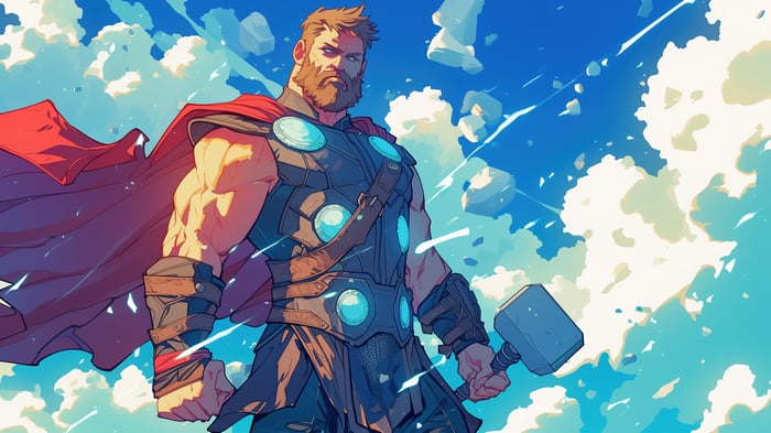 Thor with Mjolnir in the Sky 4K