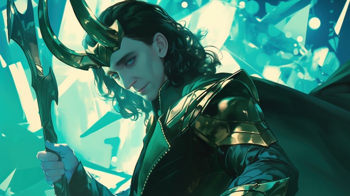 Loki with his scepter and horns in 4K