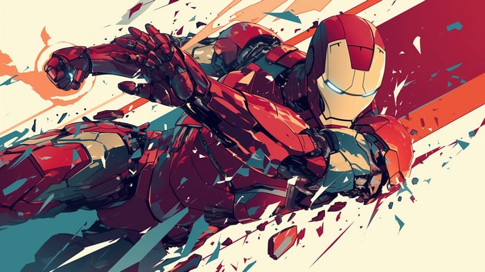 Iron Man in a dynamic pose with abstract background