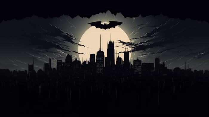 Batman Silhouette Over Gotham City Skyline 4K