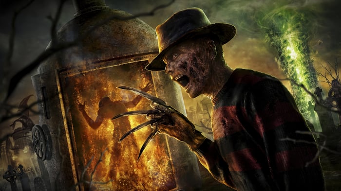 Freddy Krueger in a fiery furnace with a green vortex