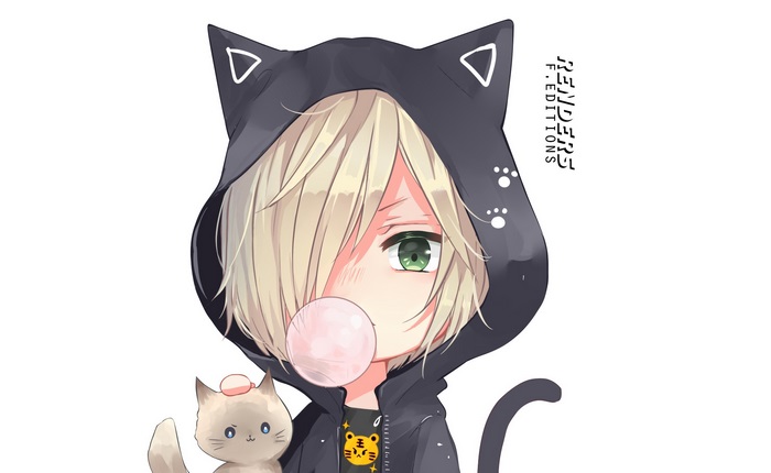 Yuri Plisetsky in a cat hoodie with a kitten