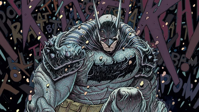 Batman in a heavily armored suit