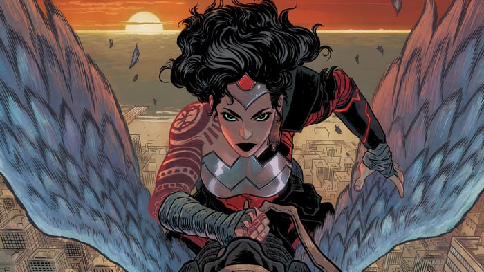 Wonder Woman on Pegasus flying over city at sunset 4K